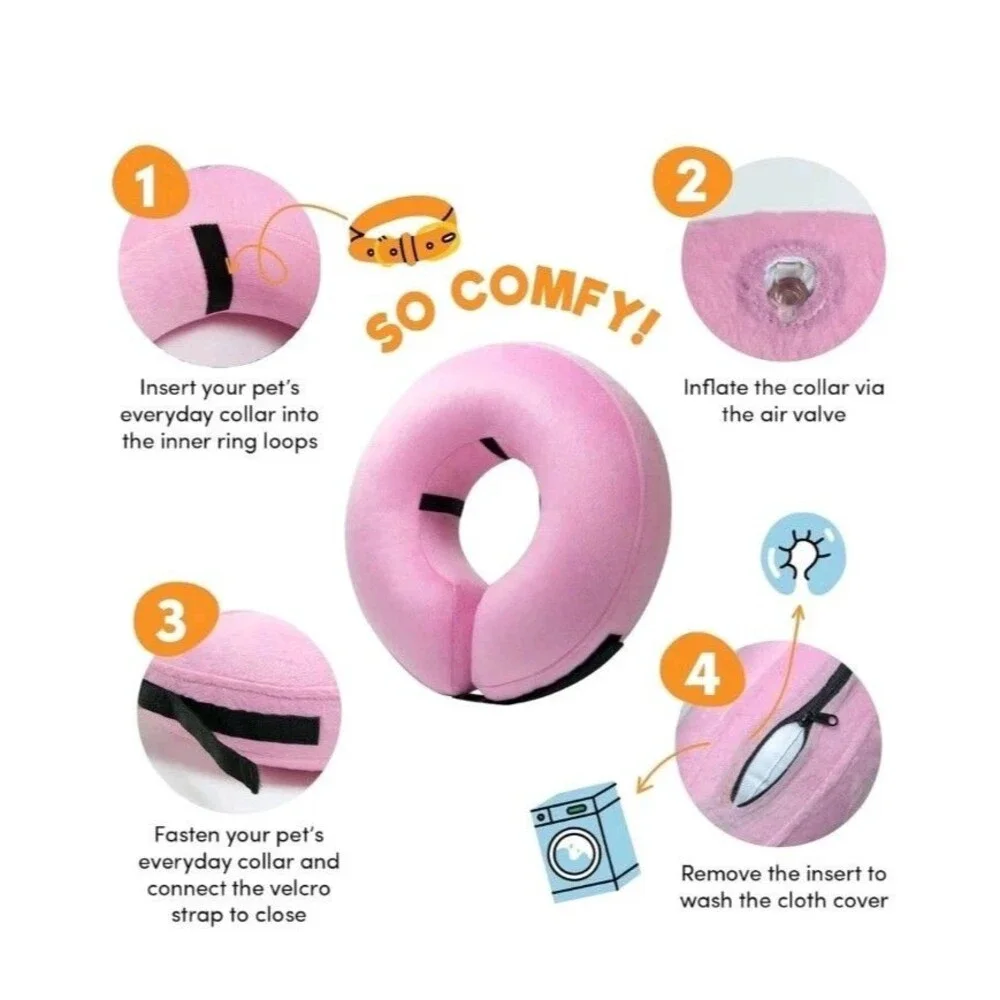 Inflatable Soft Dog Cone Collar Donut Post Surgical Large Pink Pillow Neck Recov